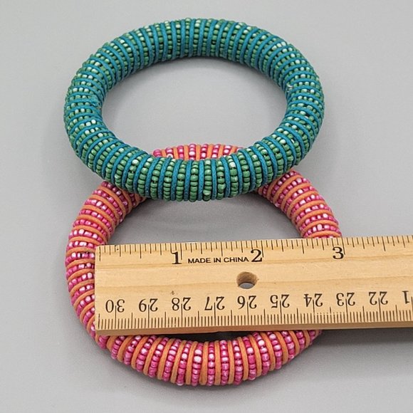 Micro Beaded Bangle Bracelets Set of 2 Slip On Pink Blue Green Handmade - Picture 7 of 7